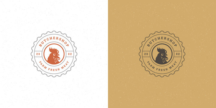 Butcher shop logo vector illustration rooster head silhouette good for poultry farm or restaurant badge