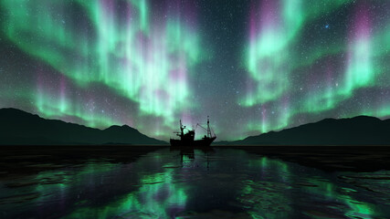 Silhouette Boat On Sea With Aurora