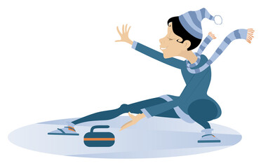 Fototapeta premium Smiling young woman plays curling isolated illustration. Young plays curling woman and aims a stone into the target isolated on white