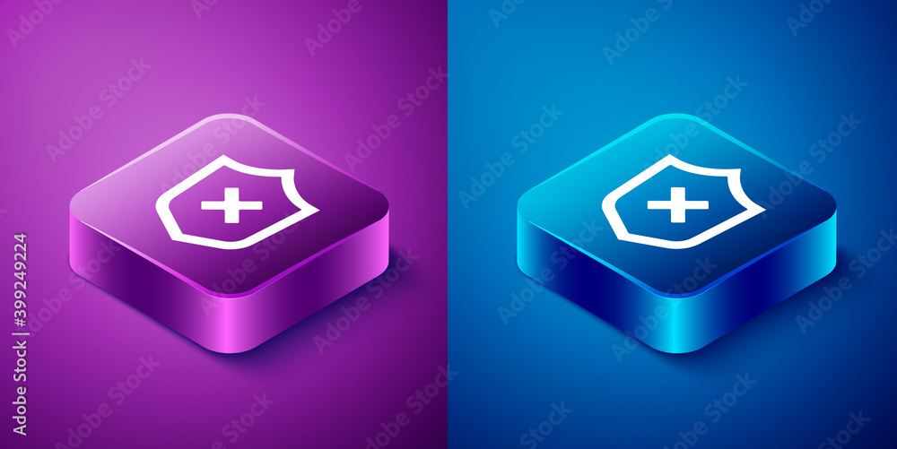 Poster isometric shield with cross mark icon isolated on blue and purple background. shield and rejected. n