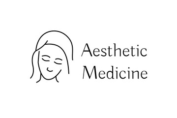 Aesthetic medicine linear style icon with beautiful girl face. Isolated vector emblem of young asian woman. Black and white outline logo template for medical clinics, plastic surgery, hair salons