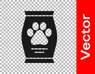 Black Bag of food for dog icon isolated on transparent background. Dog or cat paw print. Food for animals. Pet food package. Vector.