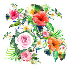 Stylish floral arrangement flowers with foliage and feathers drawn by paints on paper
