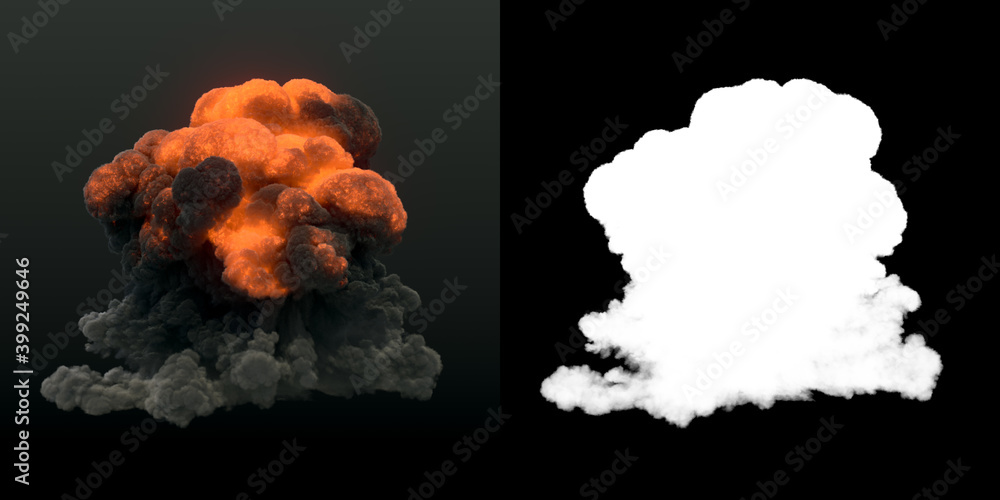 Poster Fire explosions with smoke on dark background. Alpha channel 3d rendering
