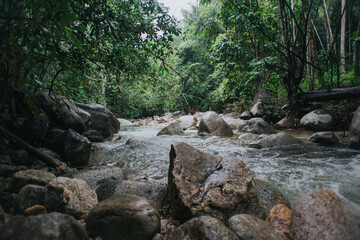 Beautiful waterfall stream in tropical rainforest scenery in the morning in slow shutter mode.Selective focus shot.Image contain grain due to slow shutter shot.