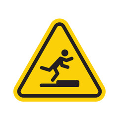 Stumbling man icon in yellow triangle. A warning sign about the danger. Tripping hazard. Watch your step symbol. Isolated vector illustration on white background