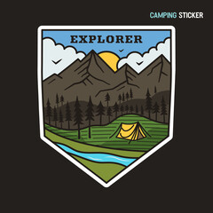 Camping adventure sticker design. Travel hand drawn logo emblem. State park label isolated. Stock vector Explorer graphics