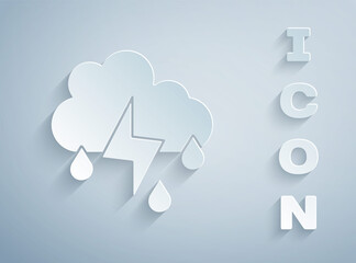 Paper cut Cloud with rain and lightning icon isolated on grey background. Rain cloud precipitation with rain drops.Weather icon of storm. Paper art style. Vector.