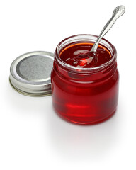 homemade quince jelly in glass jar  isolated on white backfground