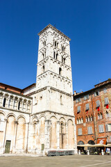 Fototapeta na wymiar Lucca, Italy. Monument near the catholic church (Chiesa di San Michele in Foro) in Lucca.