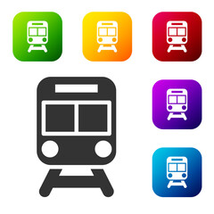 Black Train and railway icon isolated on white background. Public transportation symbol. Subway train transport. Metro underground. Set icons in color square buttons. Vector.