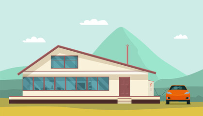 Modern house and electric car on charging against the background of an abstract landscape. Vector illustration.