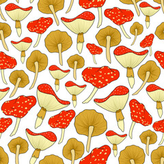 seamless vector repeat pattern with mushrooms in red and beige on a white background