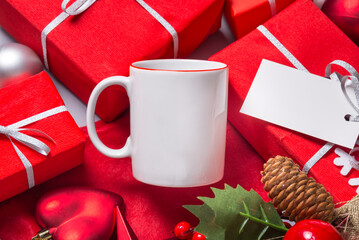 White porcelain coffee cup, mug, flat lay mock up, Christmas evening