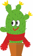  cute cactus in a knitted scarf in a ceramic pot