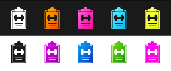 Set Sport training program or fitness plan icon isolated on black and white background. Vector.