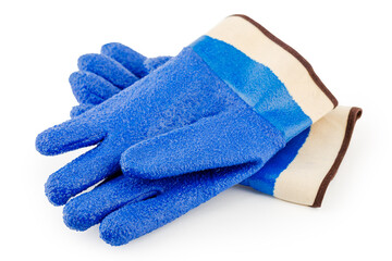 Blue rubber gloves on a white isolated background