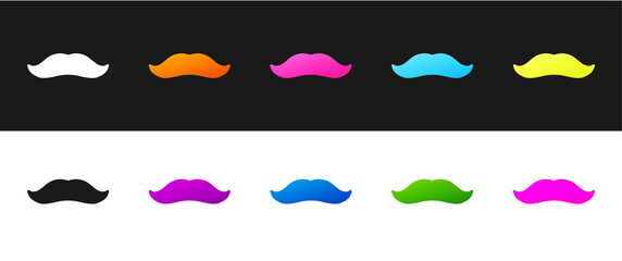 Set Mustache icon isolated on black and white background. Barbershop symbol. Facial hair style. Vector.