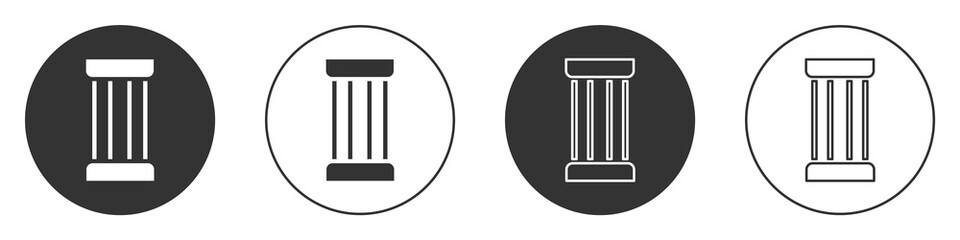 Black Ancient column icon isolated on white background. Circle button. Vector.