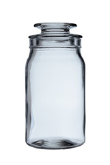 Empty glass jar with a lid. Close-up on a white background