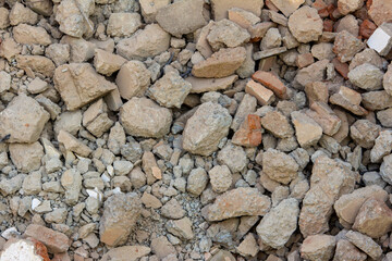Top view of wreckage of a demolished building. Broken down building for reconstruction.