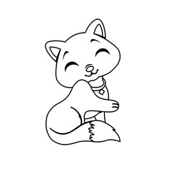 Coloring of Cat Closes Eyes  and Smiling Cartoon, Cute Funny Character, Flat Design