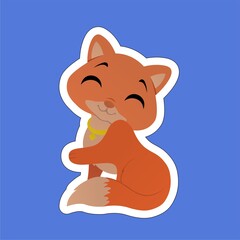 Sticker of Cat Closes Eyes  and Smiling Cartoon, Cute Funny Character, Flat Design