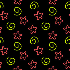 Abstract creative seamless pattern. Star, stars, spiral or helix or scroll. Child cosmic style. Night club, neon, pop-up. Black background, wrap paper, textile, printing products design, decor.