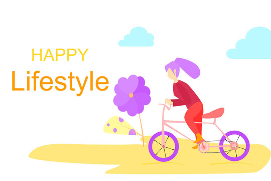 Concept lifestyle, happy time. A woman cycling on a road with flowers and clouds is happily. vector flat style. Picture for content ideas happy, happiness funny time