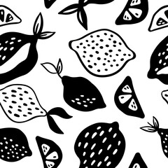 Hand drawn vector pattern of different decorative lemons. Graphic style lemons background. Fruit monochrome pattern for textile designs, cards and prints.