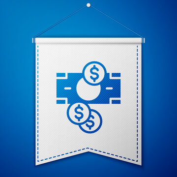 Blue Stacks paper money cash and coin money with dollar symbol icon isolated on blue background. Money banknotes stacks. White pennant template. Vector.