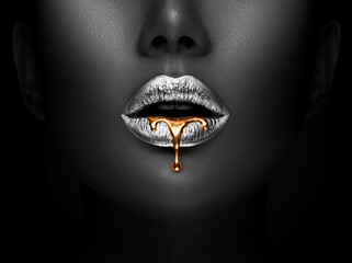 Goldene Lippenstift-Nahaufnahme. Flüssiges Metall tropfte von silbernen Lippen. Schönes Make-up. Sexy Lippen, helle flüssige Farbe auf dem Mund des Schönheitsmodellmädchens, Nahaufnahme. Lippenstift. © Subbotina Anna