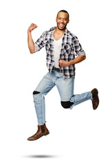 Casual african-american man jumping in studio over white background