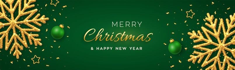 Obraz premium Christmas green background with shining golden snowflakes, gold stars and balls. Merry christmas greeting card. Xmas background, horizontal poster, banner, header website. Vector Illustration.