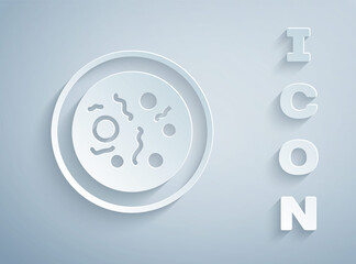 Paper cut Petri dish with bacteria icon isolated on grey background. Paper art style. Vector.