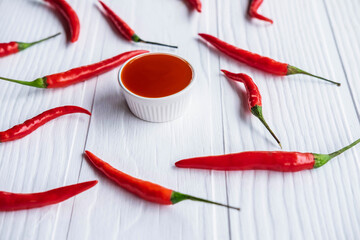 .Fresh chillies with hot chili sauce on the table