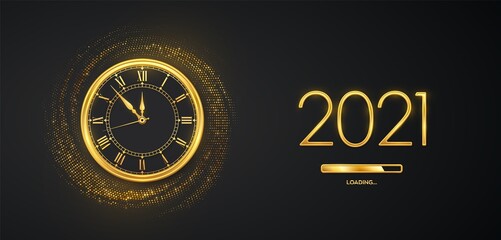 Happy New Year 2021. Golden metallic numbers 2021, gold watch with Roman numeral and countdown midnight with loading bar on shimmering background. Bursting backdrop with glitters. Vector illustration.