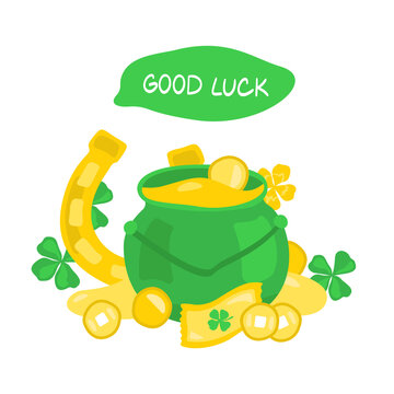 Vector illustration of luck objects. Pot of leprechaun's gold vector illustration. Coins, four leaf clovers, fortune cookies, pot of gold, golden horseshoe. Luck symbols illustration.
