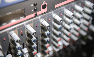 Close up view of the buttons of a sound mixer