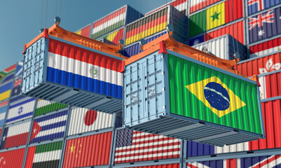 Freight containers with Brazil and Paraguay national flags. 3D Rendering 