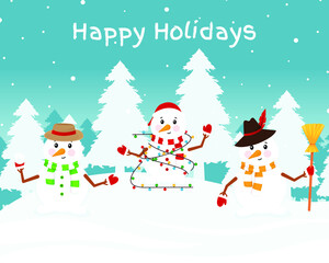Merry Christmas with a snowman. Snowman are depicted in knitted scarves and hats with gifts outdoors against a background of white Christmas trees. Vector illustration