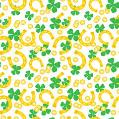 Vector seamless pattern of decorative golden horseshoes, coins and clovers. Luck symbols background for prints and designs.