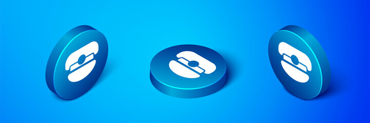 Isometric Captain hat icon isolated on blue background. Blue circle button. Vector.