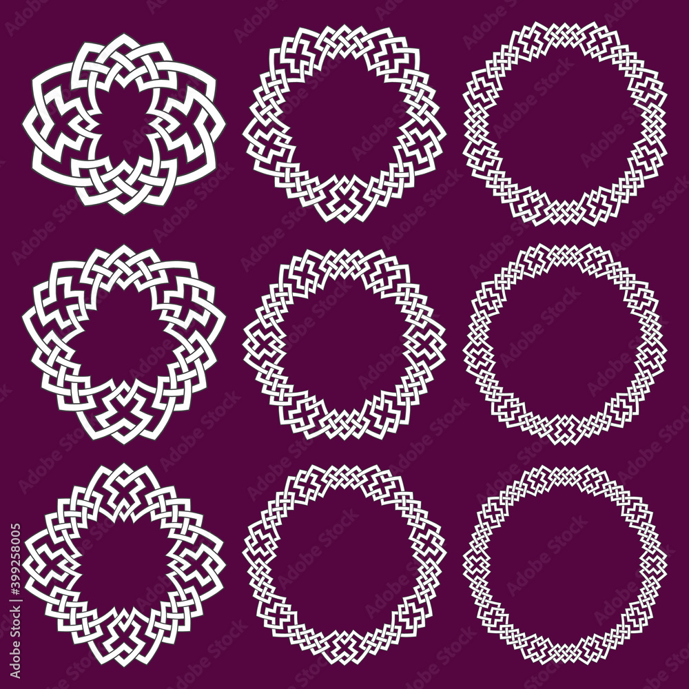 Aufkleber set of round frames. nine decorative elements for design with stripes braiding borders. white lines 