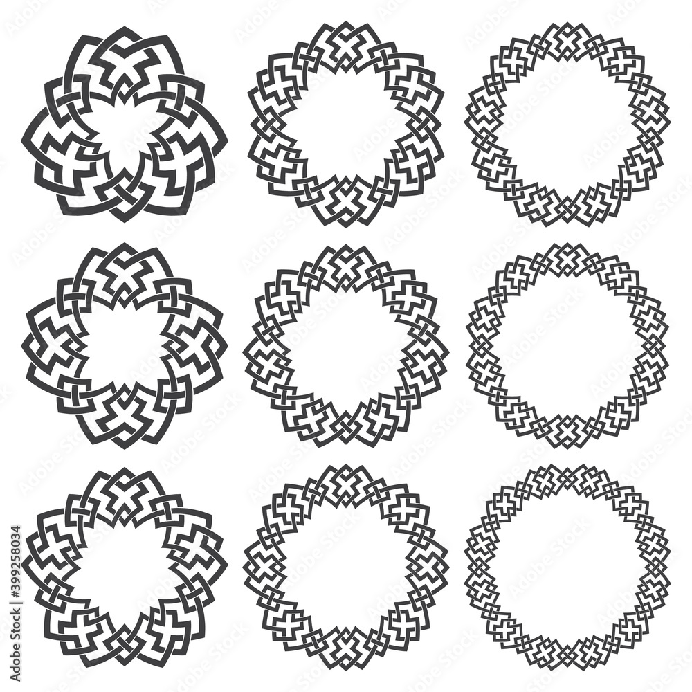 Poster set of round frames. nine decorative elements for design with stripes braiding borders. black lines 