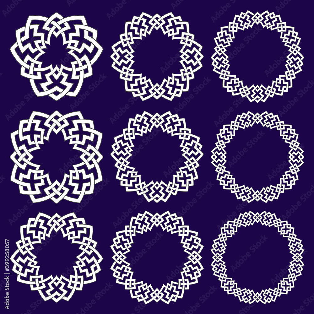 Poster set of round frames. nine decorative elements for design with stripes braiding borders. white lines 