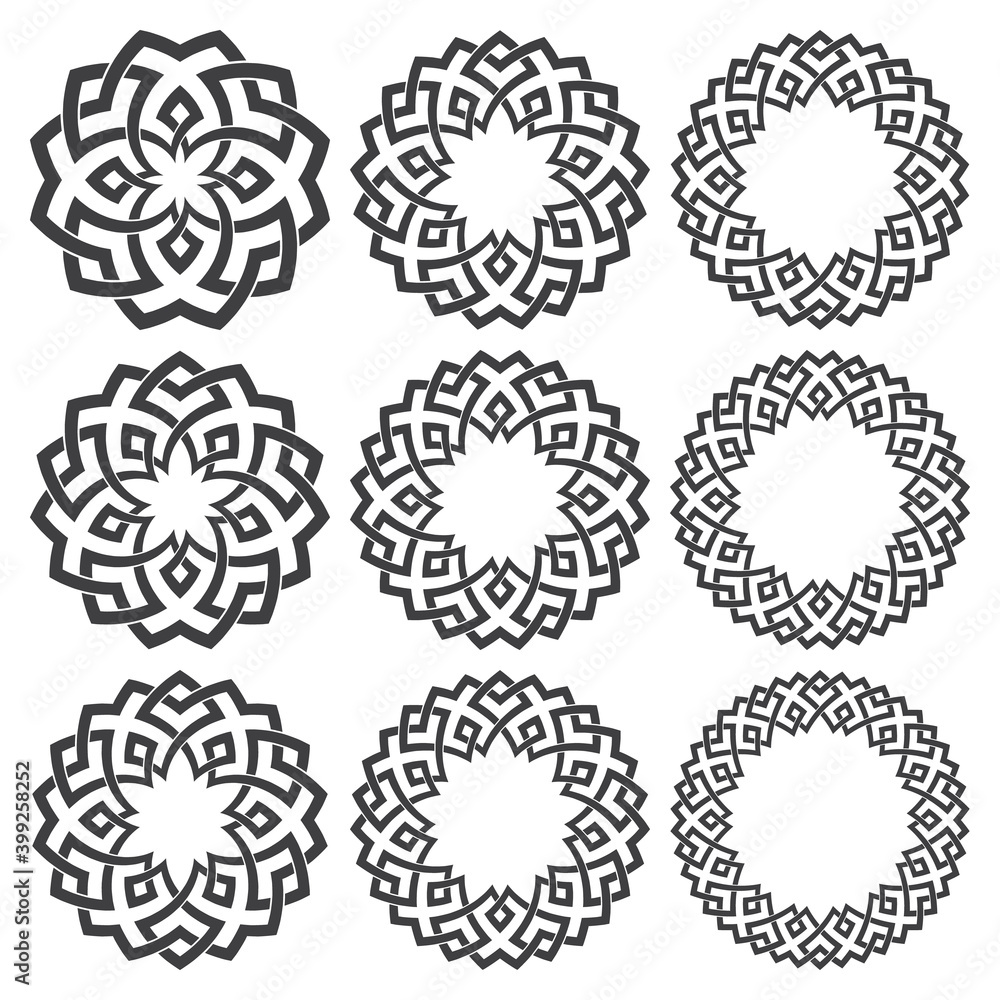 Aufkleber set of round frames. nine decorative elements for design with stripes braiding borders. black lines 