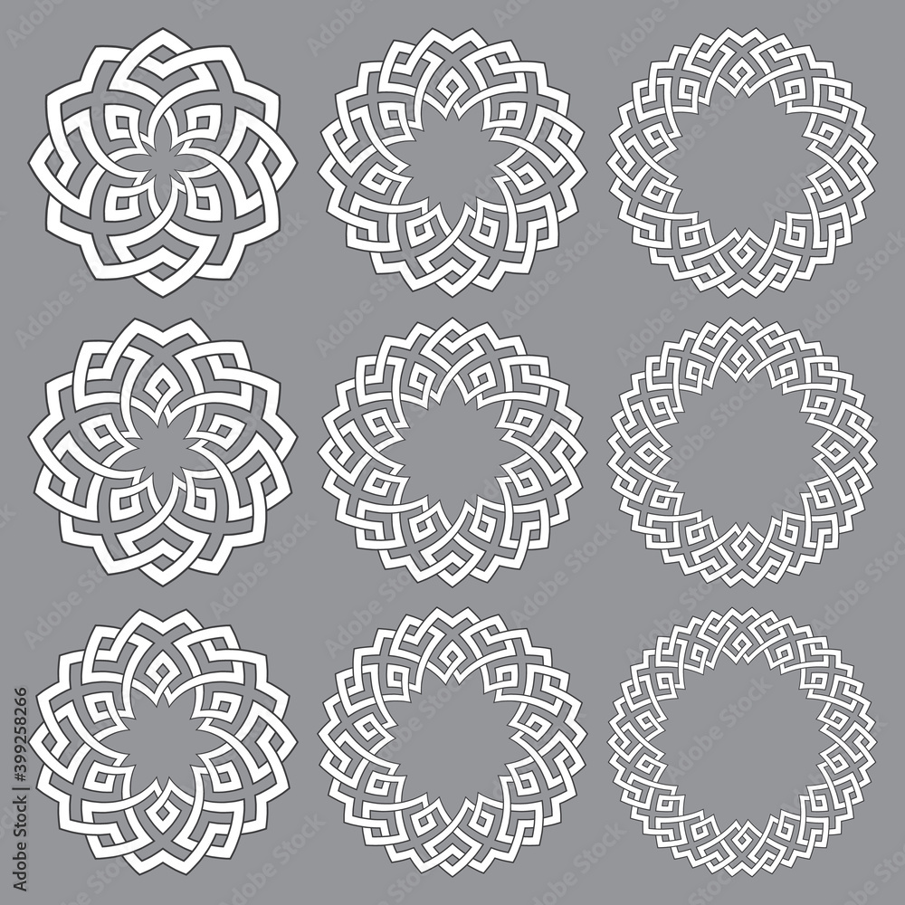 Poster set of round frames. nine decorative elements for design with stripes braiding borders. white lines 