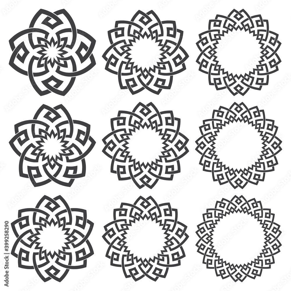 Poster set of round frames. nine decorative elements for design with stripes braiding borders. black lines 