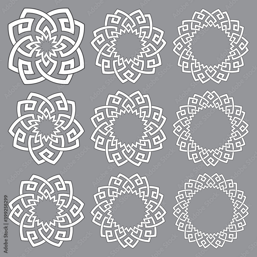Poster set of round frames. nine decorative elements for design with stripes braiding borders. white lines 